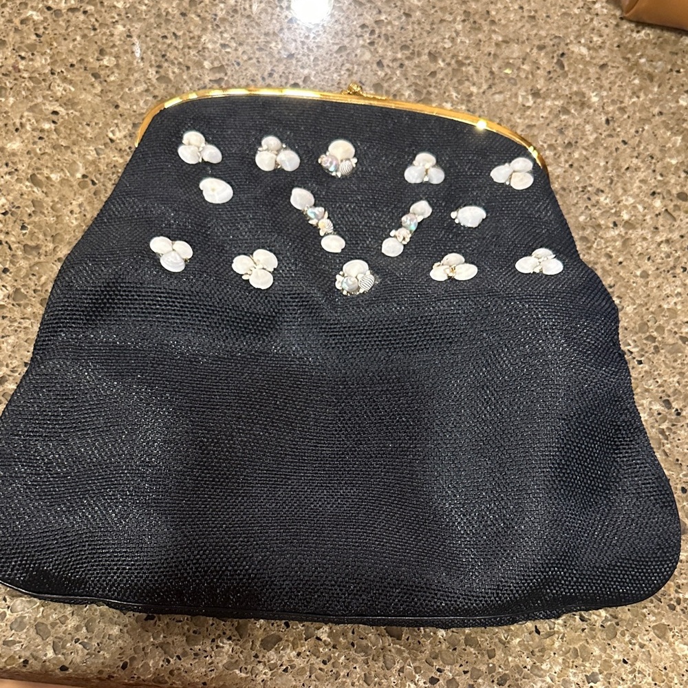 Vintage  Black Evening Clutch with Shell Accents
